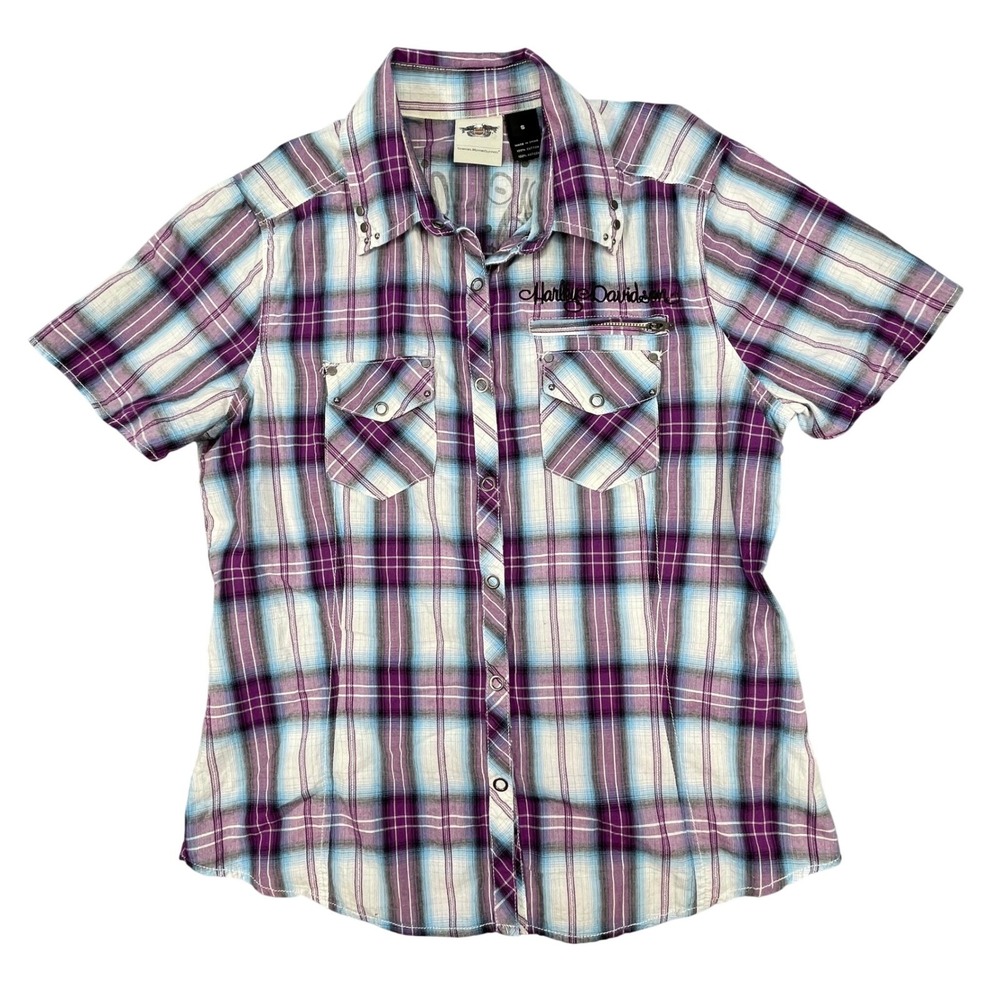 Harley Davidson Purple Plaid Studded Graphic Short Sleeve Button Shirt Women S